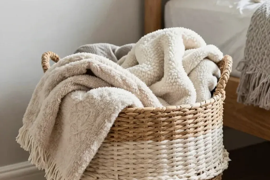 Rolled blanket in a woven basket beside a bed.