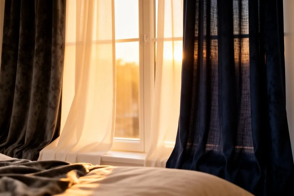 Lined bedroom curtains drawn closed over a window at dusk.
