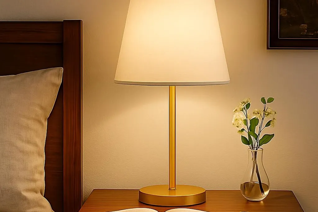 Bedside lamp with a fabric shade beside a book.
