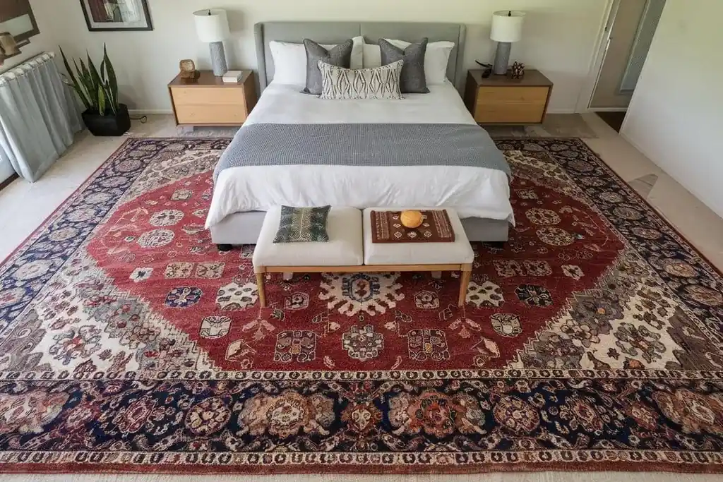 Large rug under the lower half of a bed.