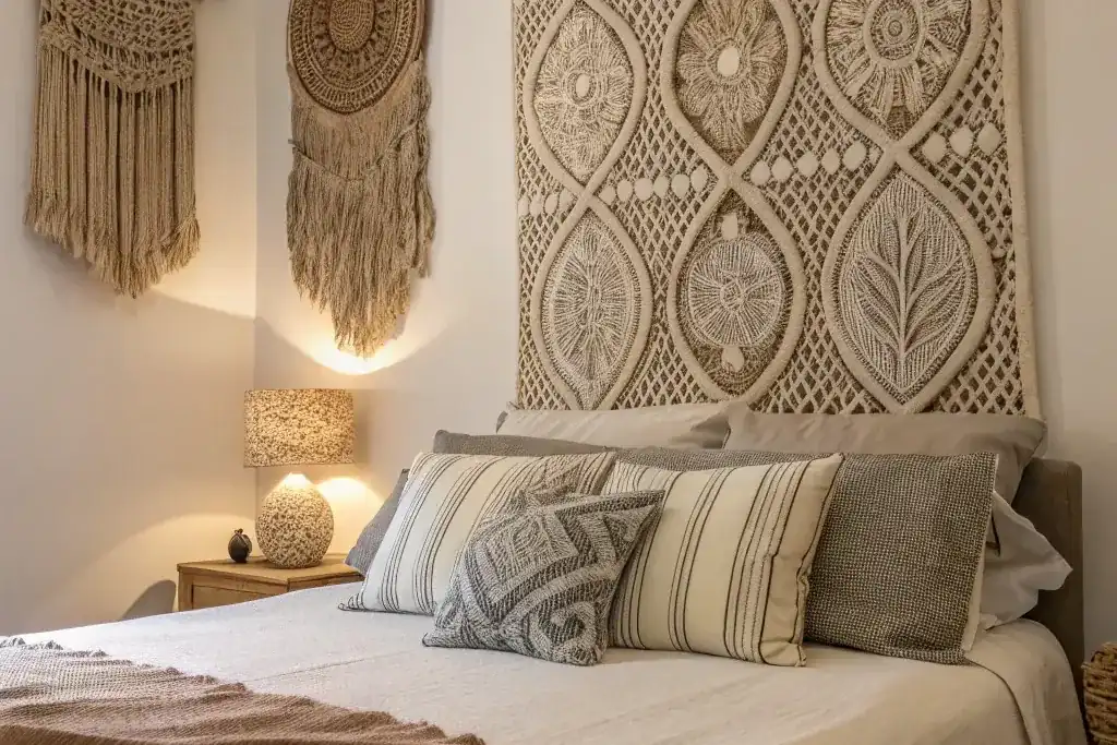 Woven textile hanging on the wall behind a bed.