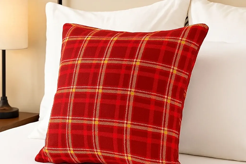Bed with plain bedding and one plaid cushion.