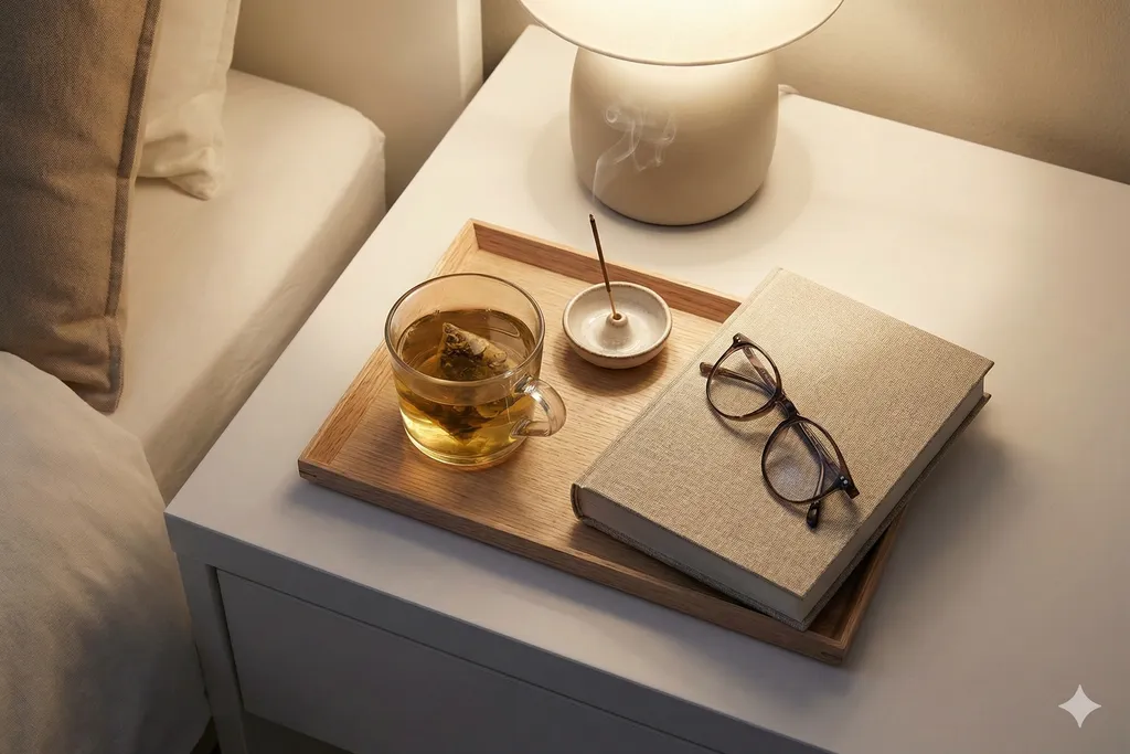 Wooden tray with a book and glasses on a nightstand.