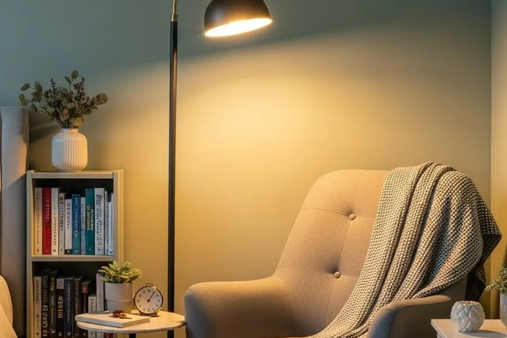 Chair with a throw and a floor lamp in a bedroom reading corner.