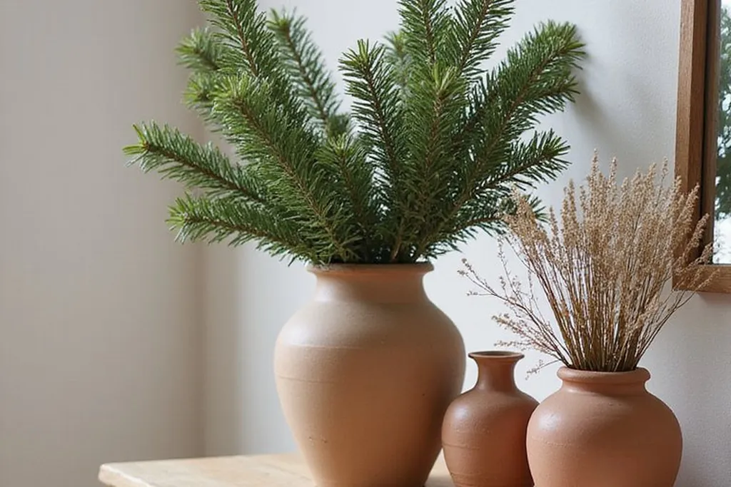 Pine branches in a vase on a bedroom dresser.