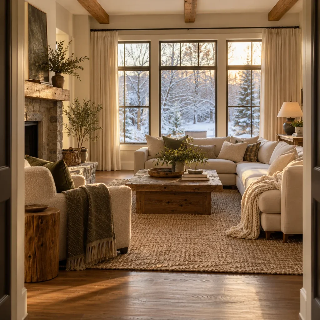 A furnished living room with a clear route around the seating.
