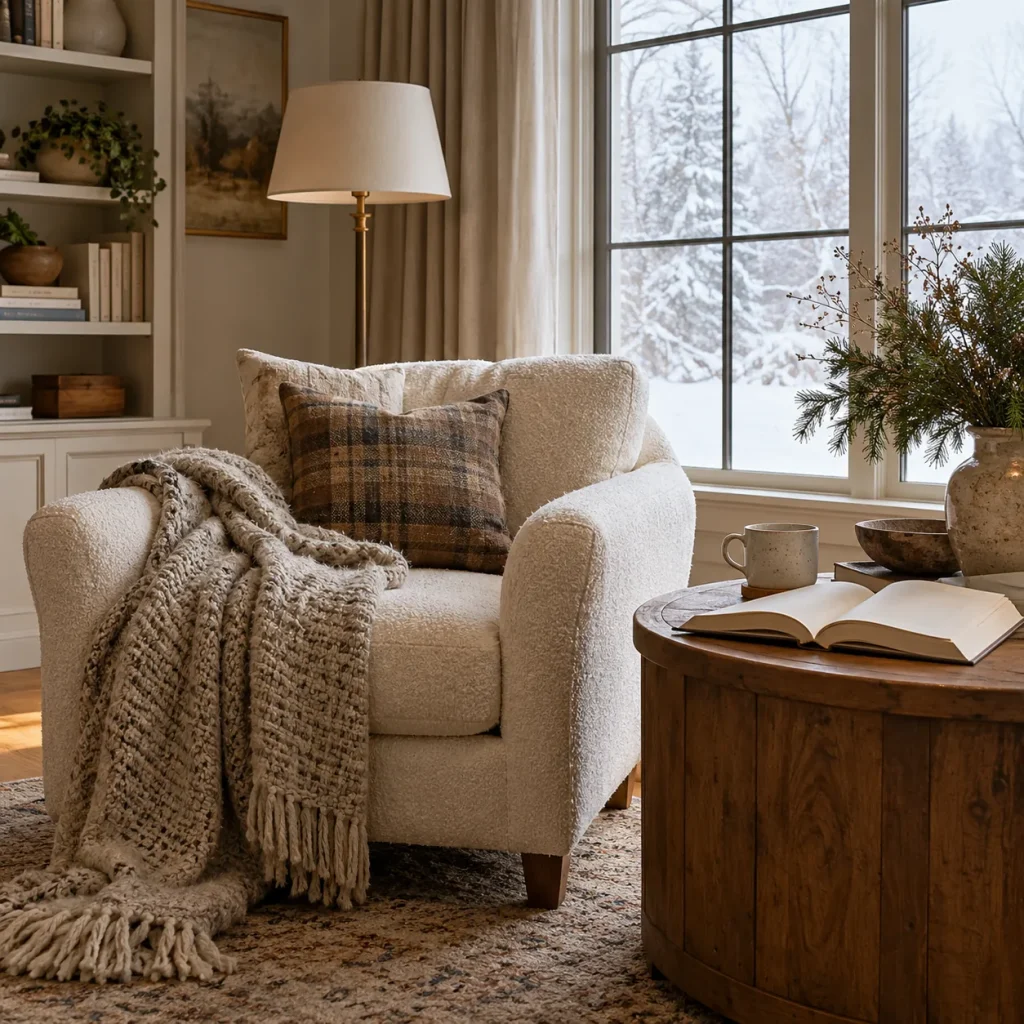 A comfortable living room reading chair with a side table and an open book.