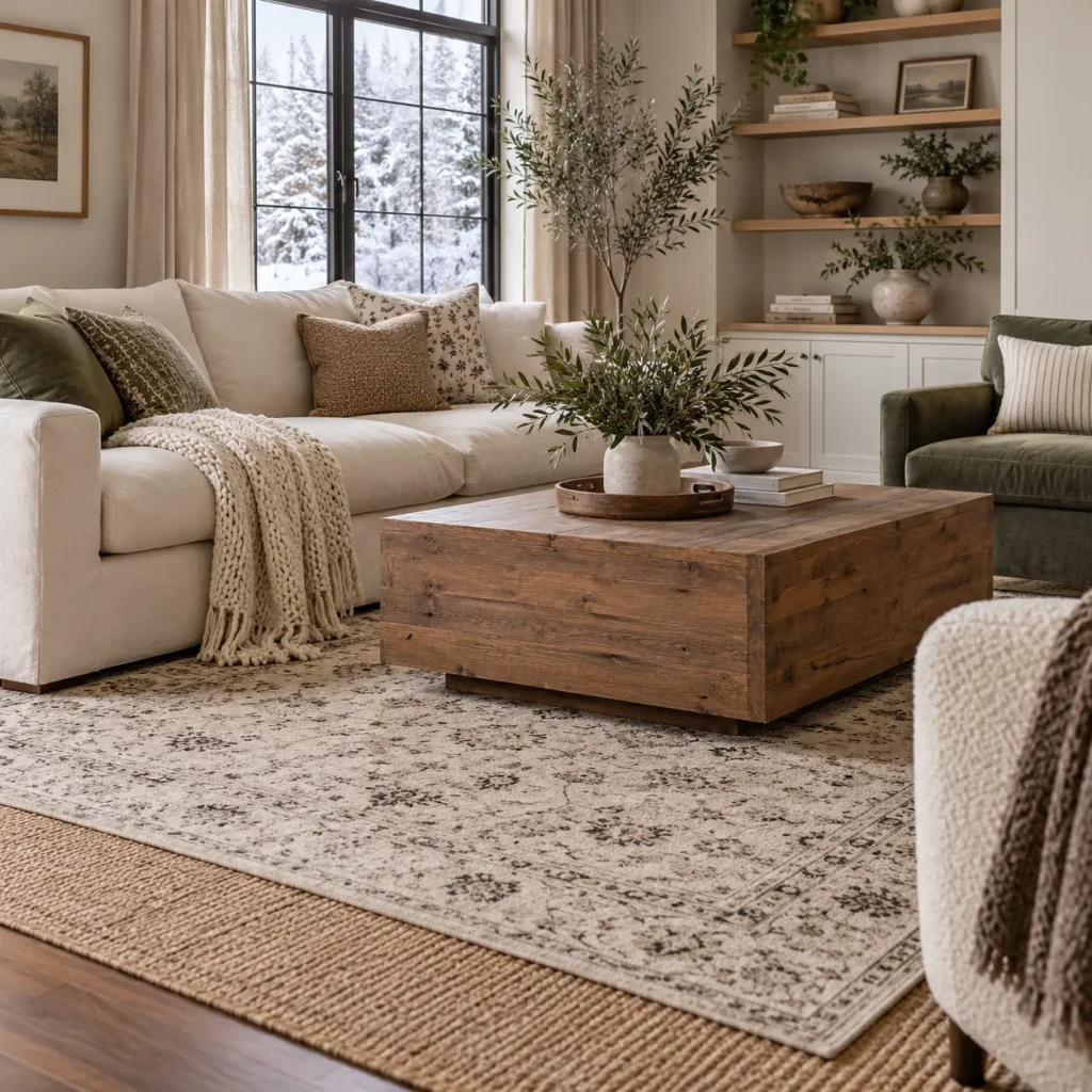 Cream washable patterned rug over large jute flatweave in living room seating area.