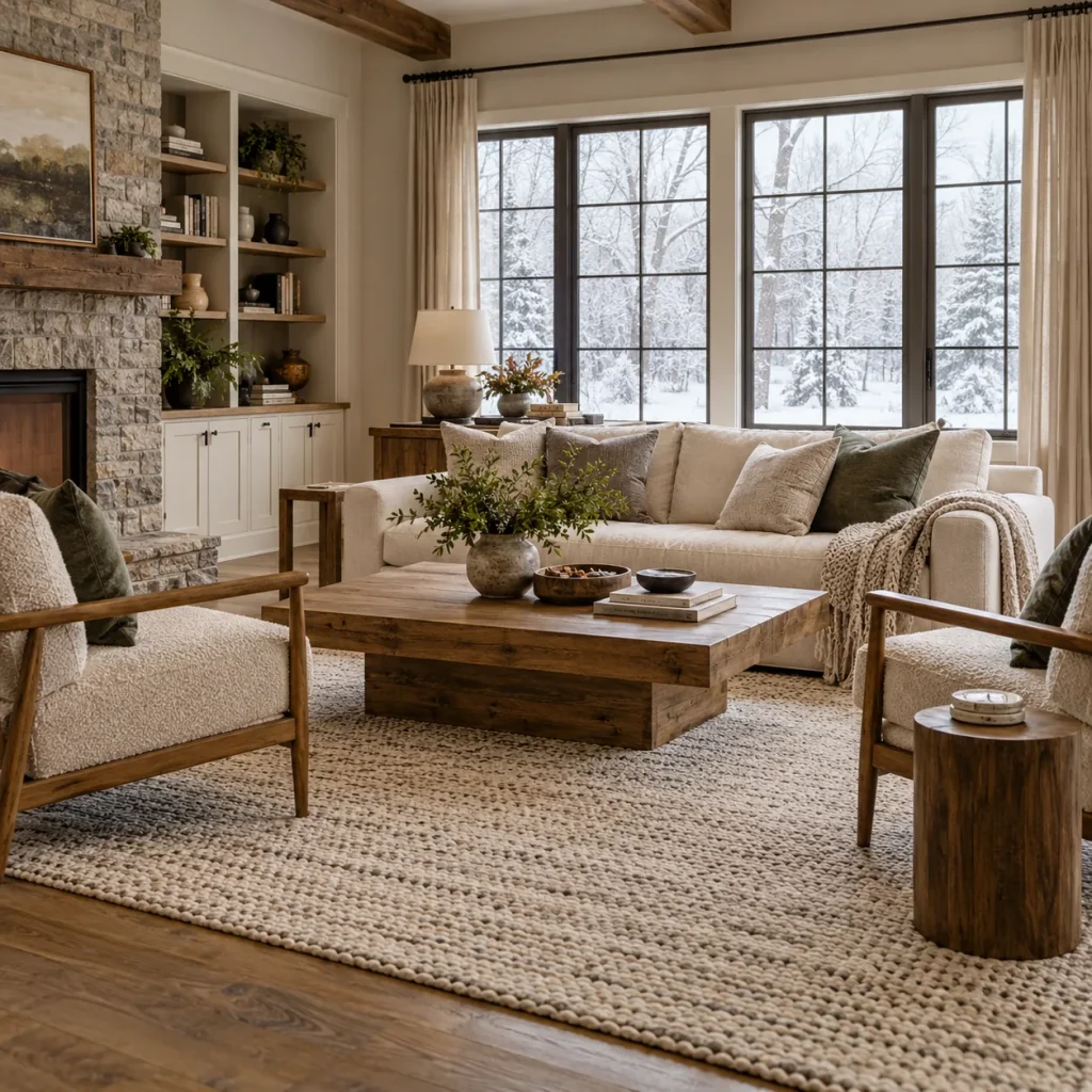 Sofa and two chairs grouped on large rug in center of living room instead of against every wall.