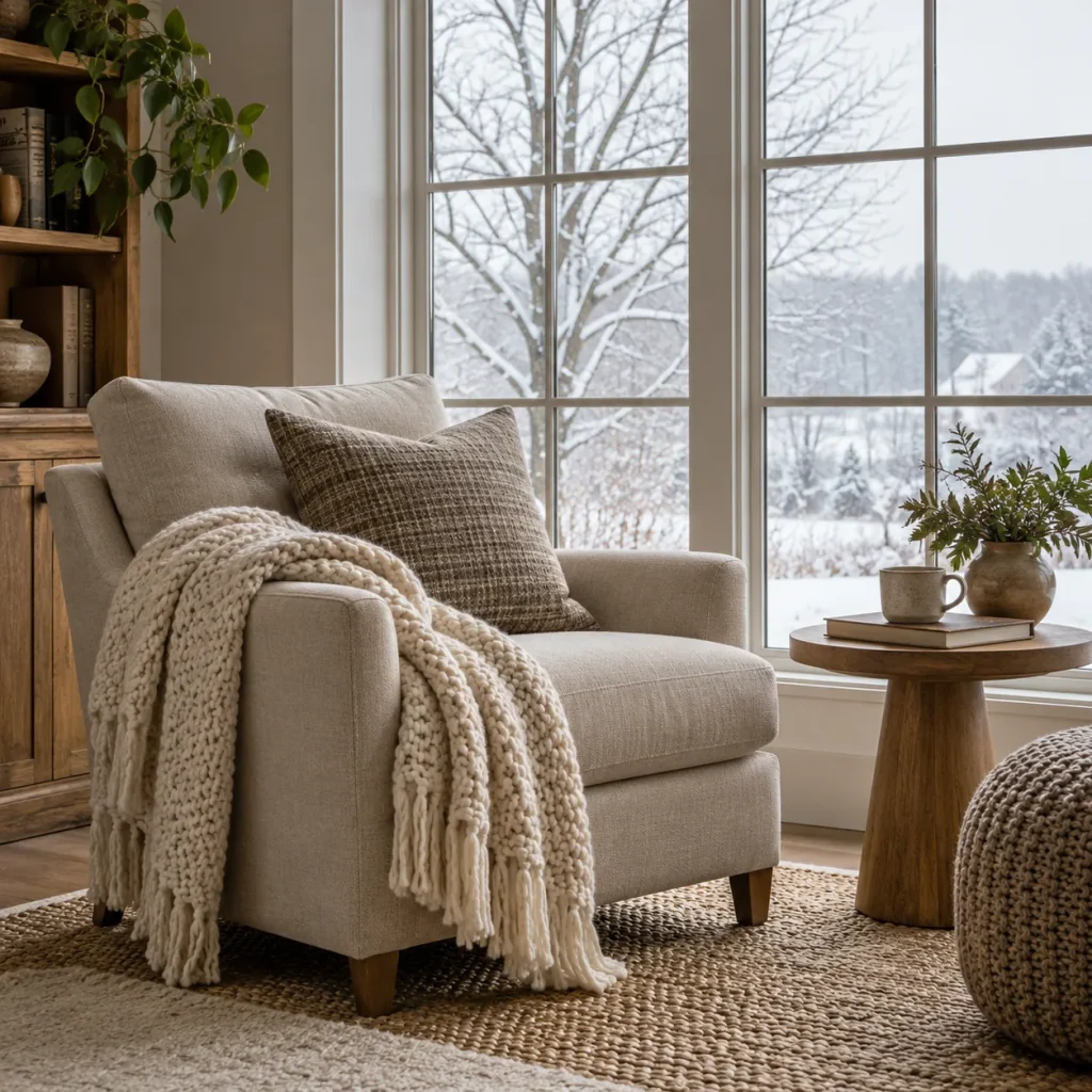 Soft chair angled beside large window.