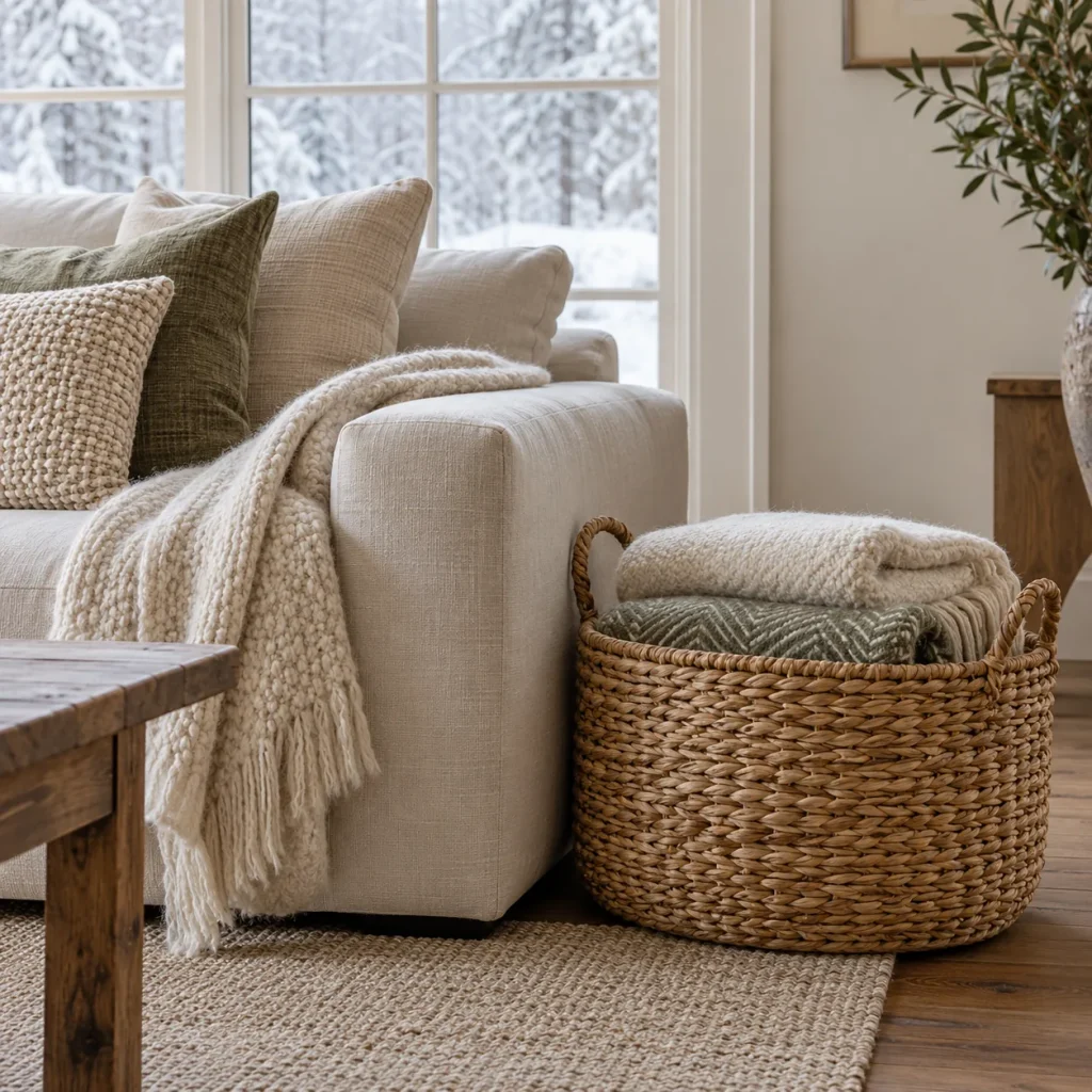 Wide woven basket beside sofa with two folded blankets.