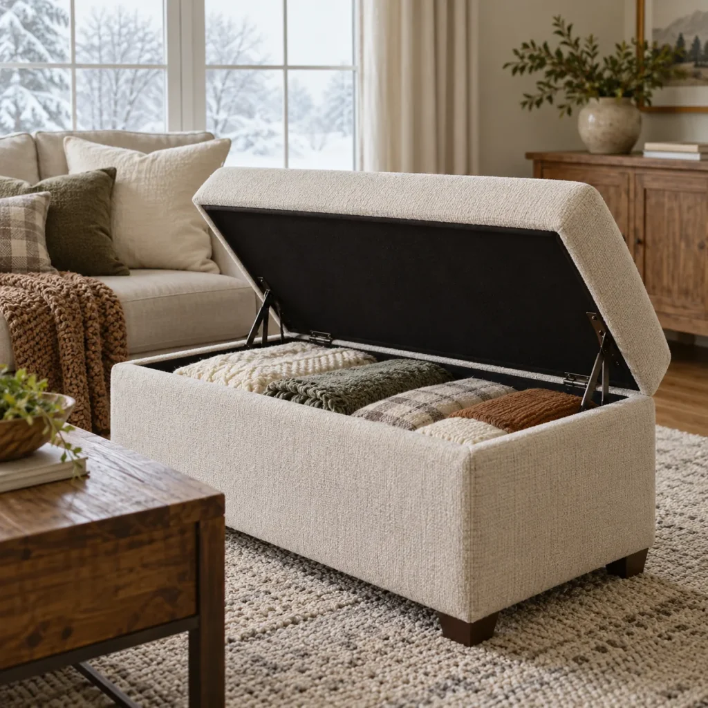 Upholstered storage ottoman with lid fully open and neatly folded textiles inside.