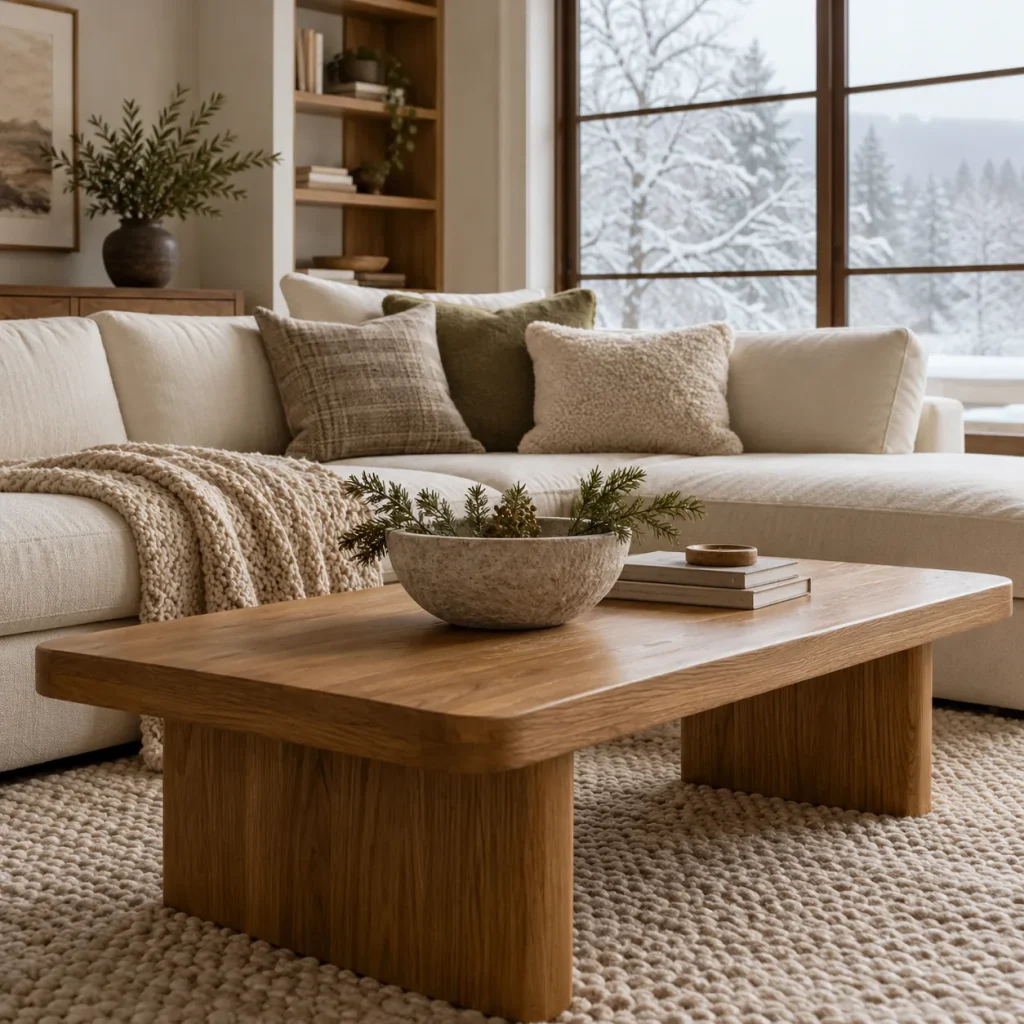Warm oak rectangular coffee table with rounded corners.