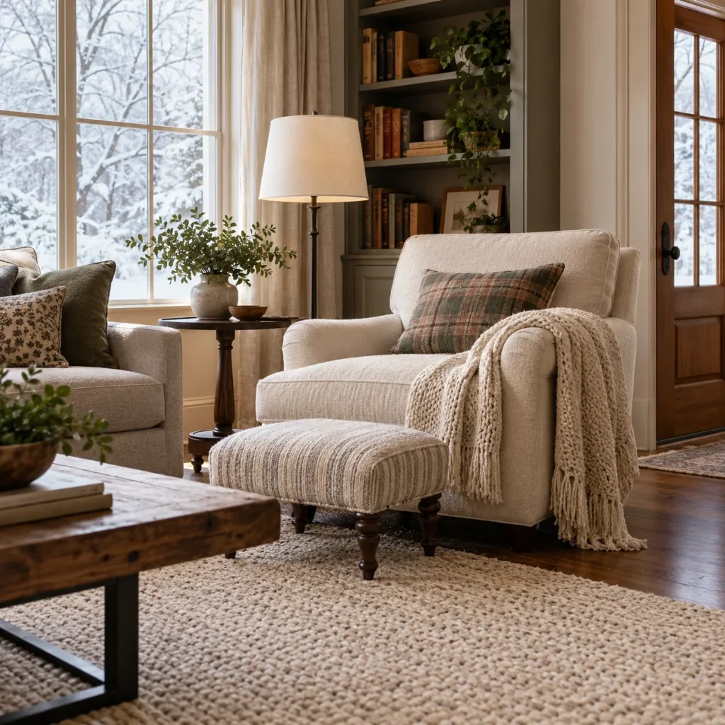 Small upholstered footstool placed in front of deep chair without blocking nearby door.