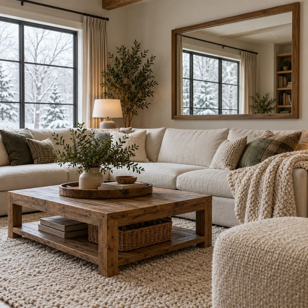 Secure wall-mounted rectangular mirror reflecting a snowy window and neutral sofa.