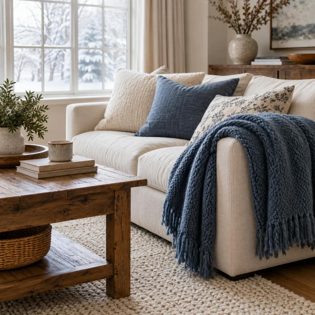 Muted blue wool throw draped neatly over cream sofa arm.