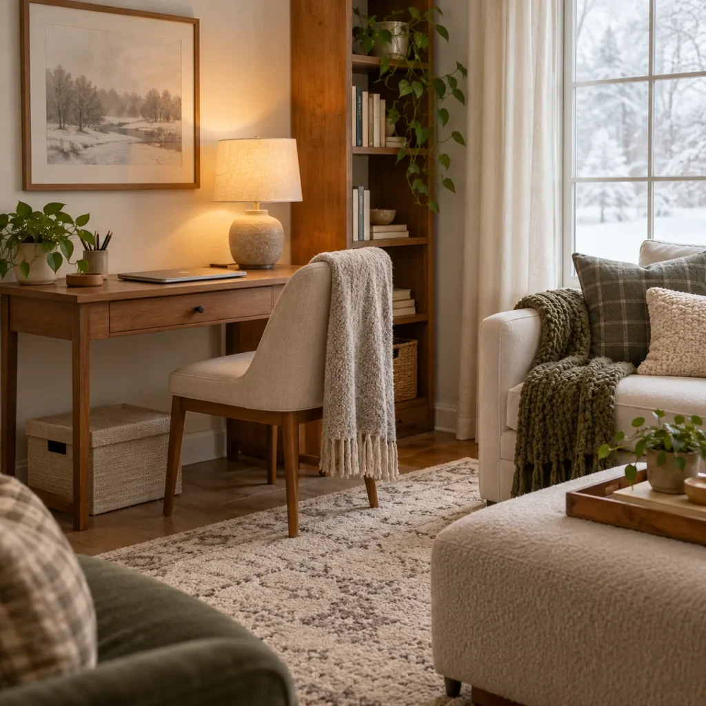 Small living room desk with laptop closed.