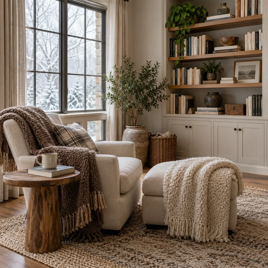 Single comfortable chair facing bookshelf rather than blank television.