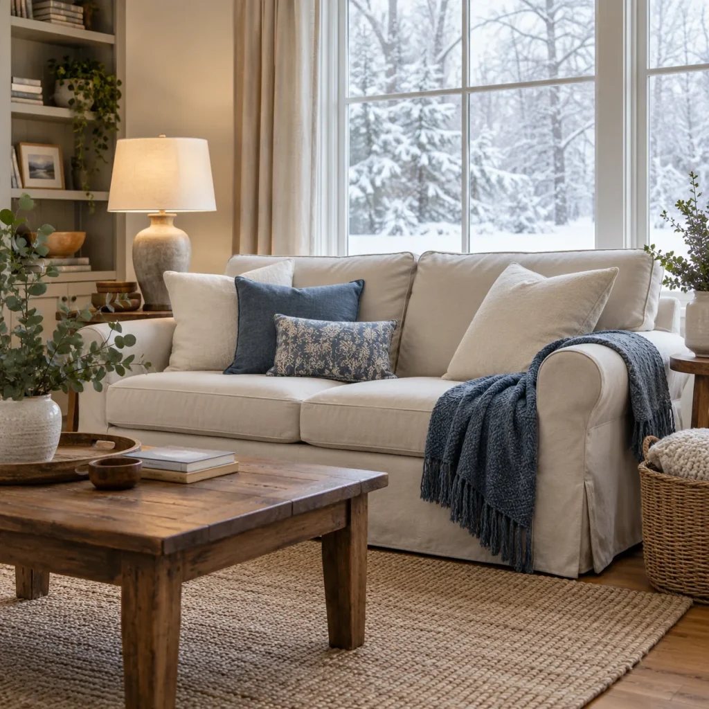 Relaxed oatmeal cotton slipcover fully fitted on two-seat sofa.