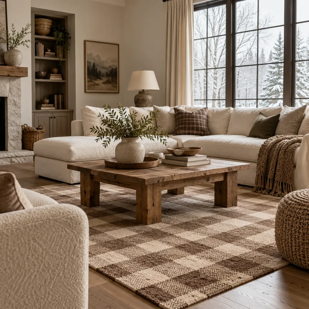 Muted brown-and-cream checked rug centered beneath coffee table in cream living room.