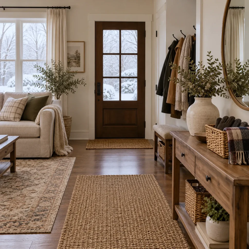 Small living room entry console with basket for gloves and folded scarf.