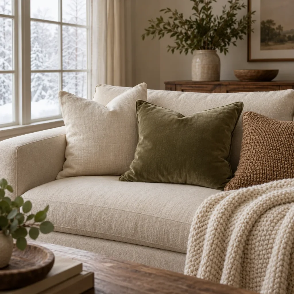 Sofa with just three cushions in linen velvet and fine knit textures.