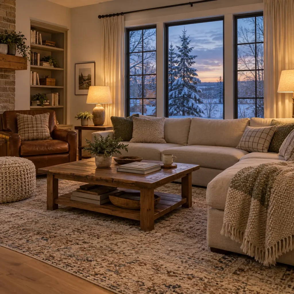 Wide winter living room view at dusk.