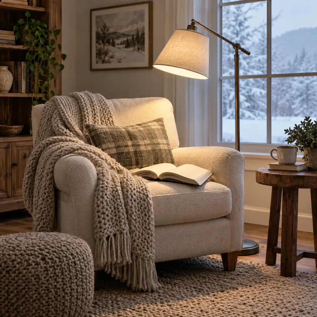 Armchair with adjustable shaded floor lamp directed onto open blank book.