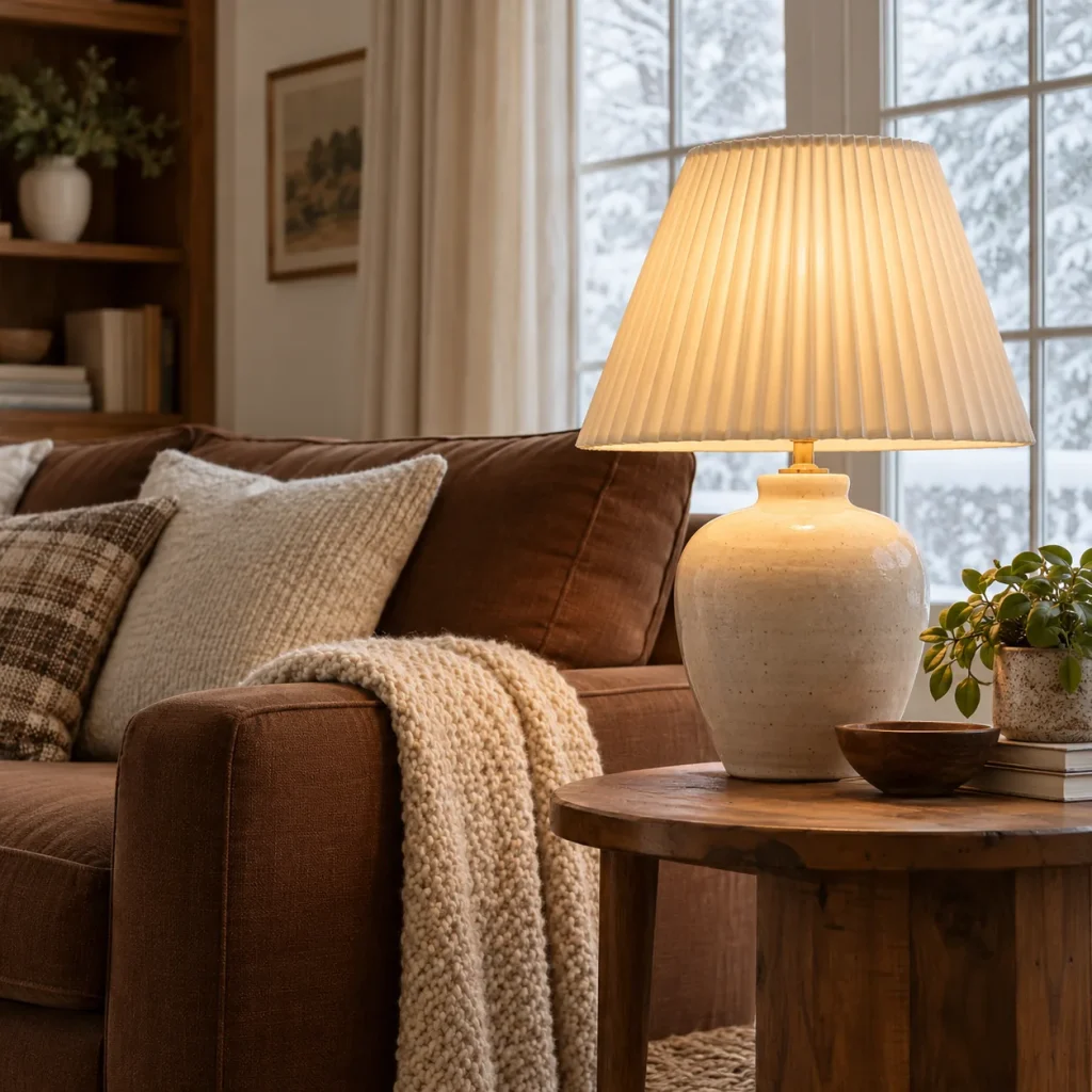 Close room view of pleated ivory lampshade on ceramic lamp casting gentle warm light beside a brown sofa.