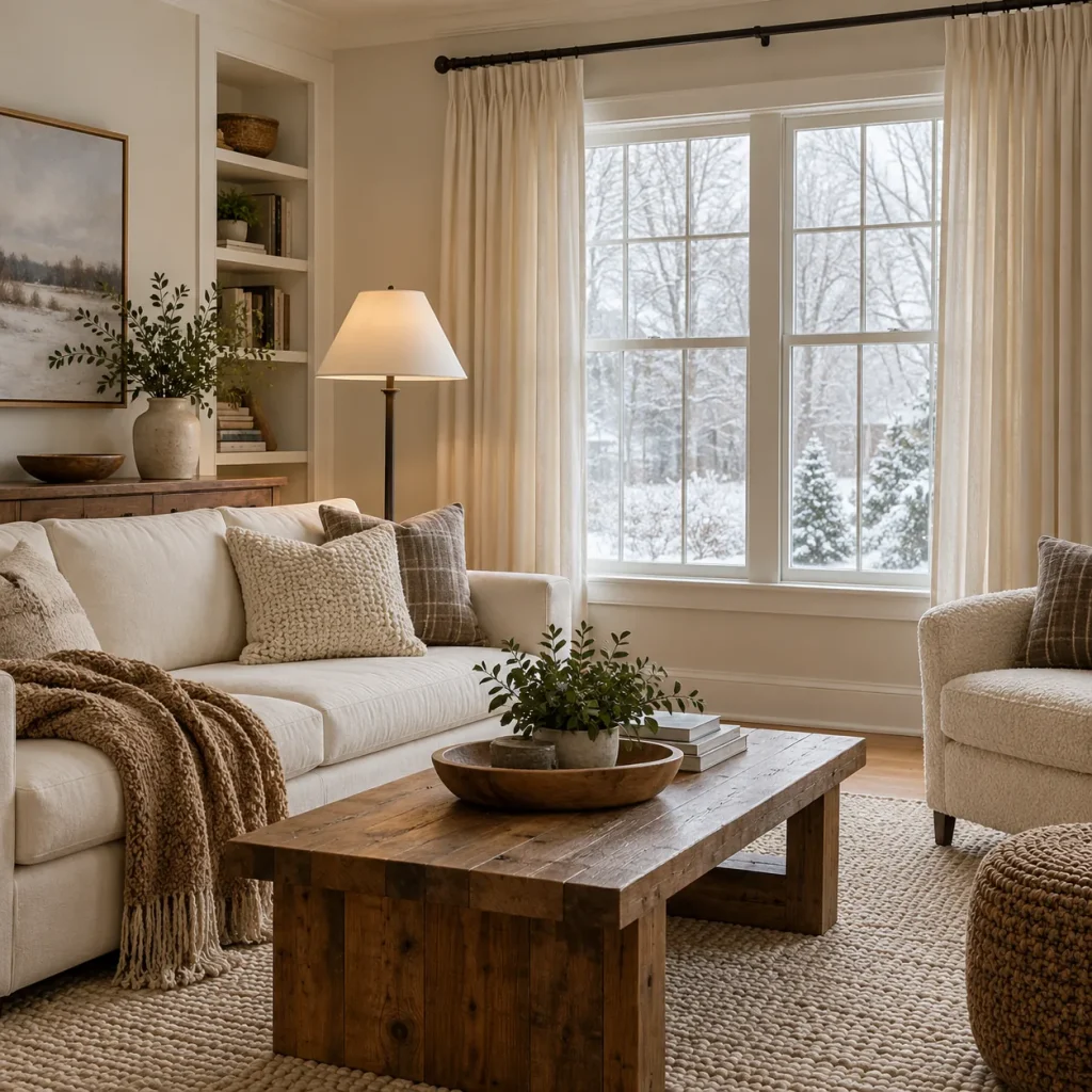 Cream lined curtains at winter window.