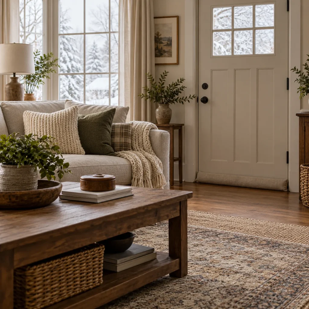 Neat oatmeal fabric draft stopper along bottom of closed exterior-style living room door.