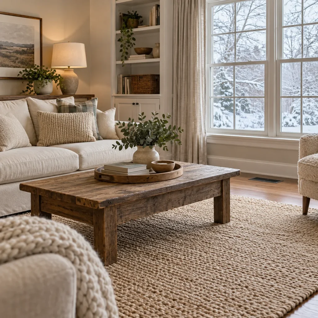 A sofa and coffee table arranged with open floor space in a winter living room.