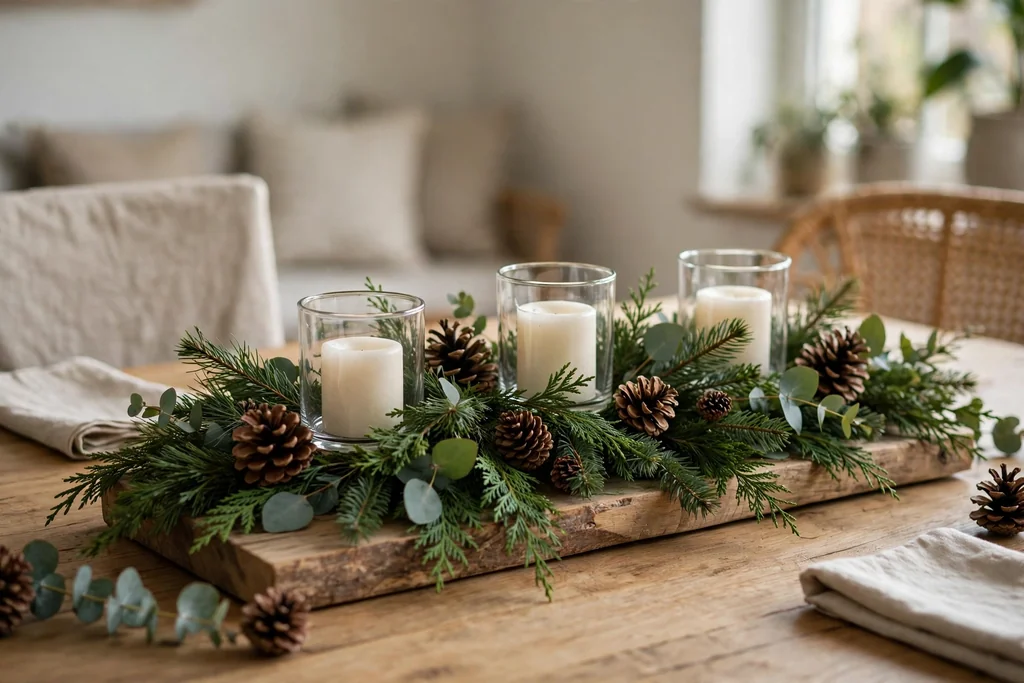 Wood board centerpiece with evergreen greenery, pinecones, and pillar candles on a dining table.