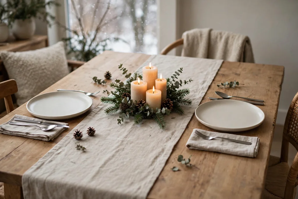Simple everyday winter table with a plain runner and one candle group.
