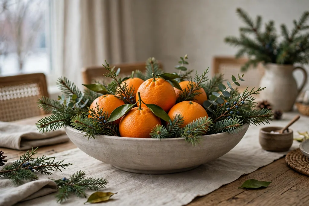 Shallow bowl with winter citrus and evergreen sprigs as a table centerpiece.