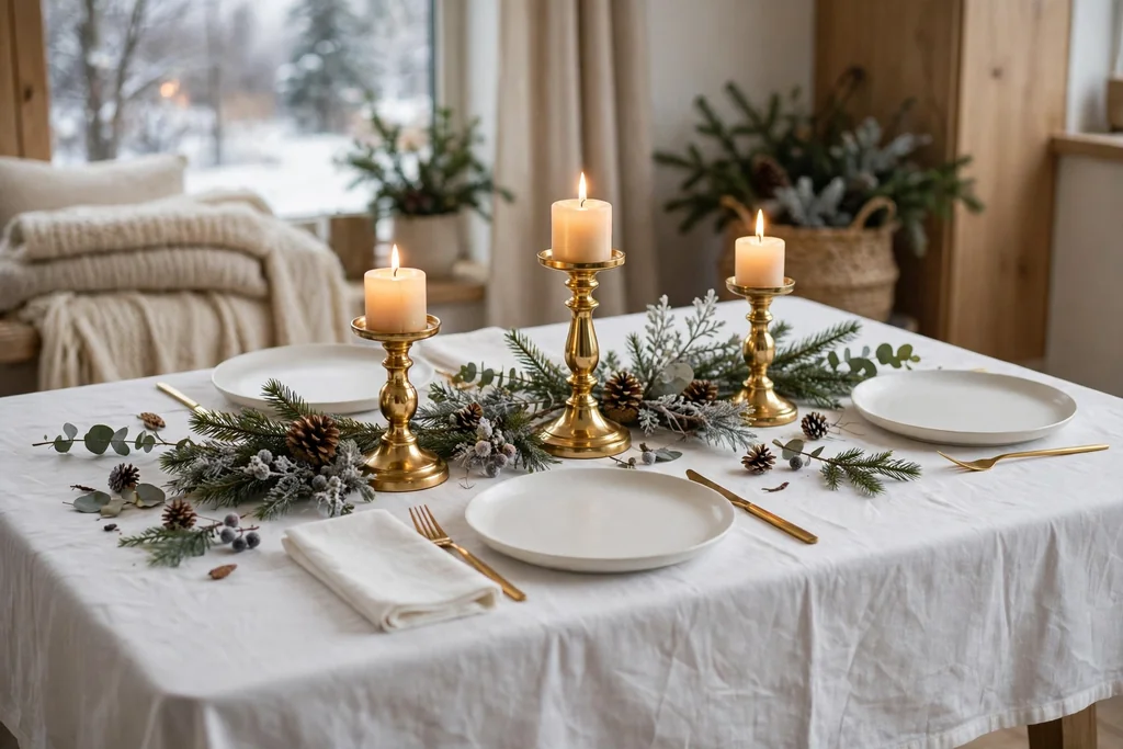 White tablecloth with gold candle holders and plain white plates for a gathering.