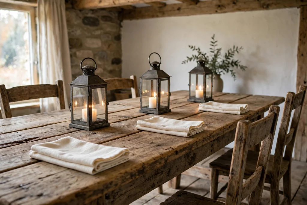 Bare wood table with cream linen napkins and lanterns with candles.
