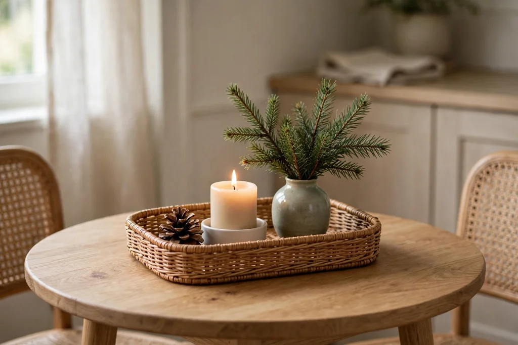 Small round table with a tray holding one candle, a small vase, and a pinecone.