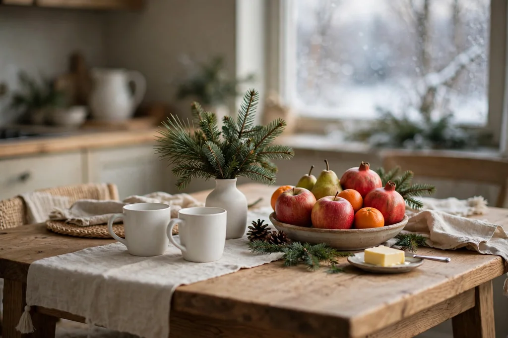 Breakfast table with white mugs, a small vase of sprigs, and a bowl of fruit.