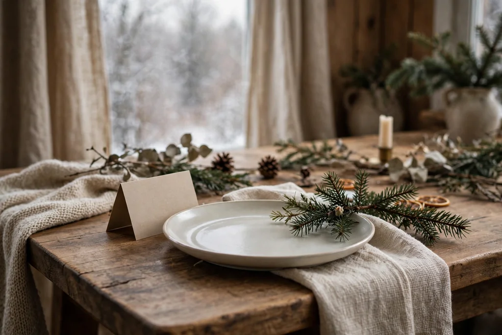 Place card with a short evergreen sprig beside a plate on a winter table.