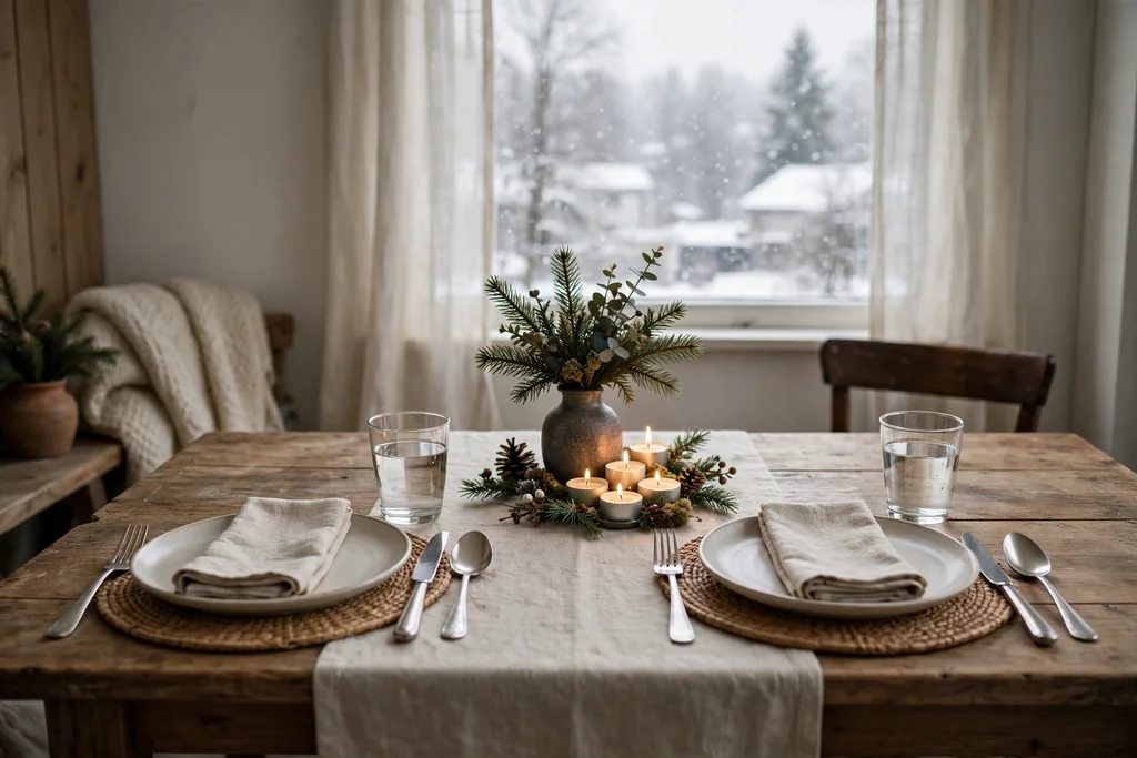 Table for two with a low candle group and a small vase of sprigs between places.