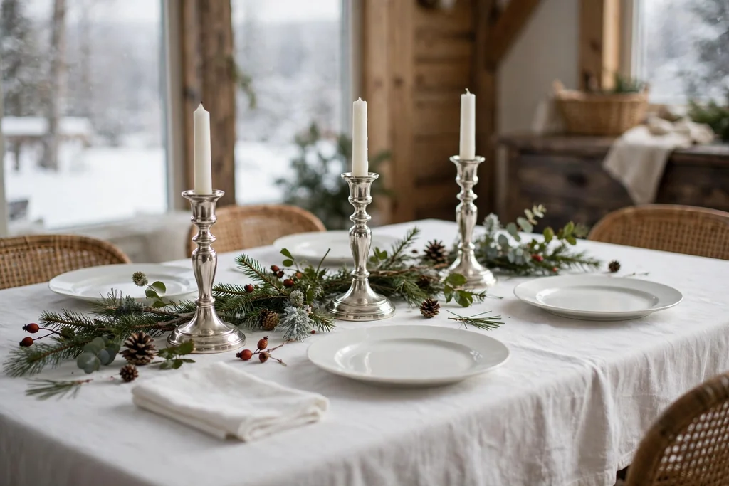 White tablecloth with silver candle holders and plain white plates on a winter table.