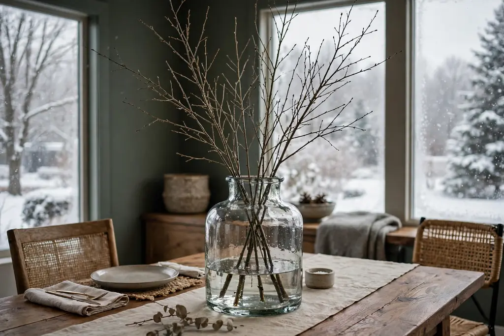 Tall bare branches in a heavy glass vase on a dining table.