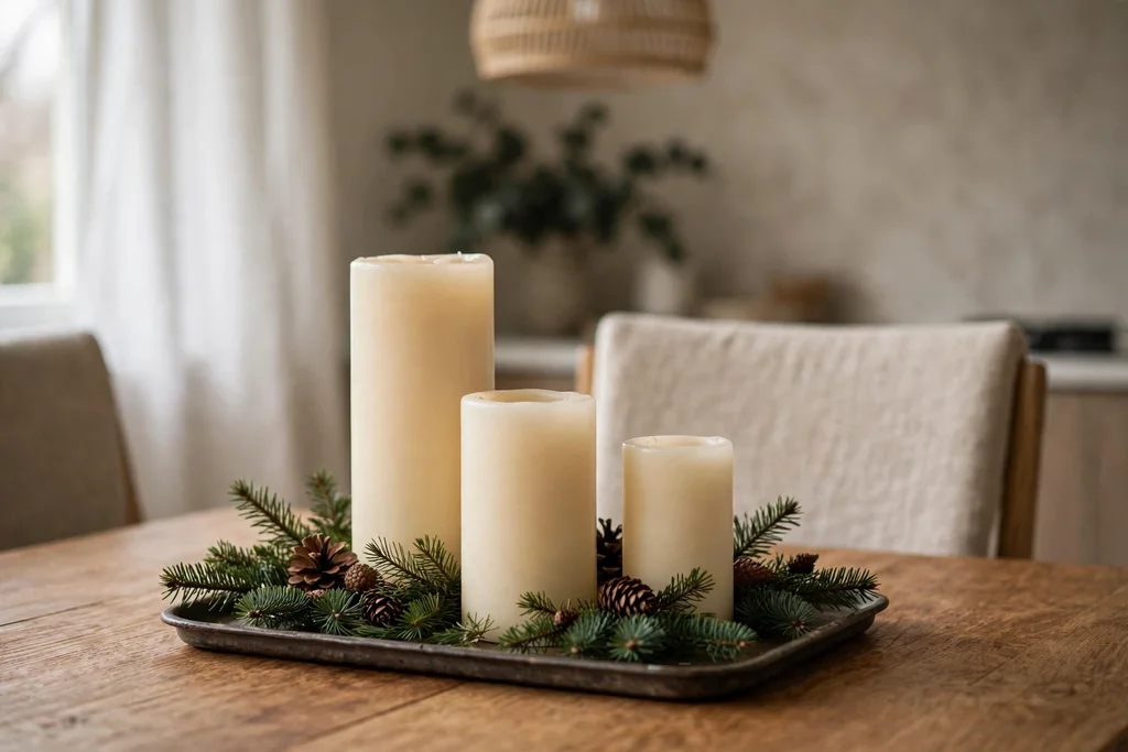 Candles of different heights grouped on a tray with evergreen sprigs.