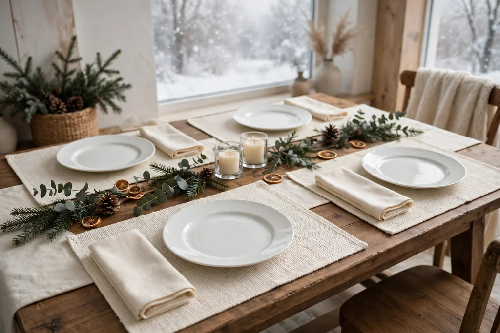 White plates on cream placemats with folded cream napkins at each place.