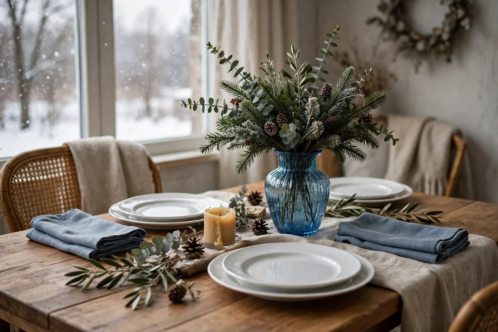 Winter table with dusty blue napkins and a blue glass vase beside white plates.