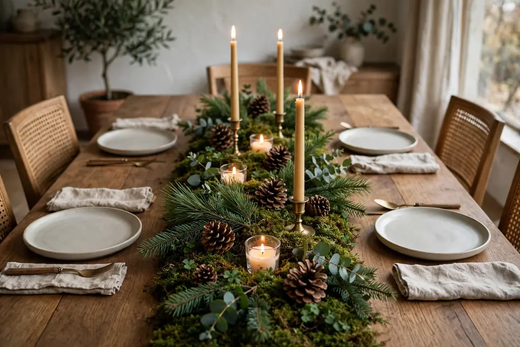 Moss runner with pinecones, sprigs, and candles down the center of a table.