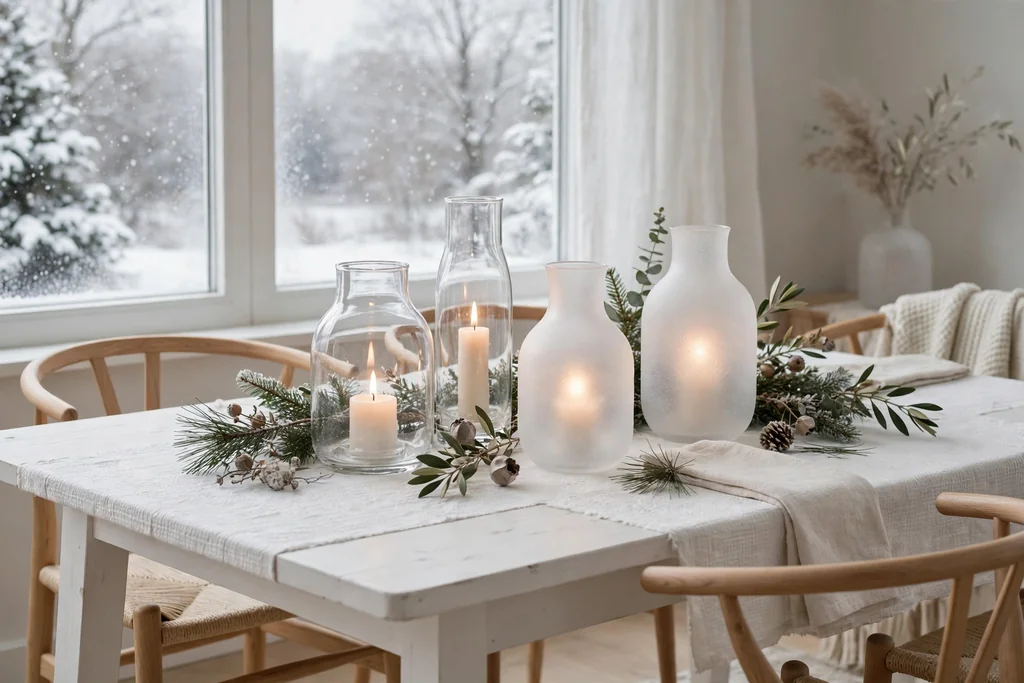 Clear and frosted glass vases with short candles on a white winter table.