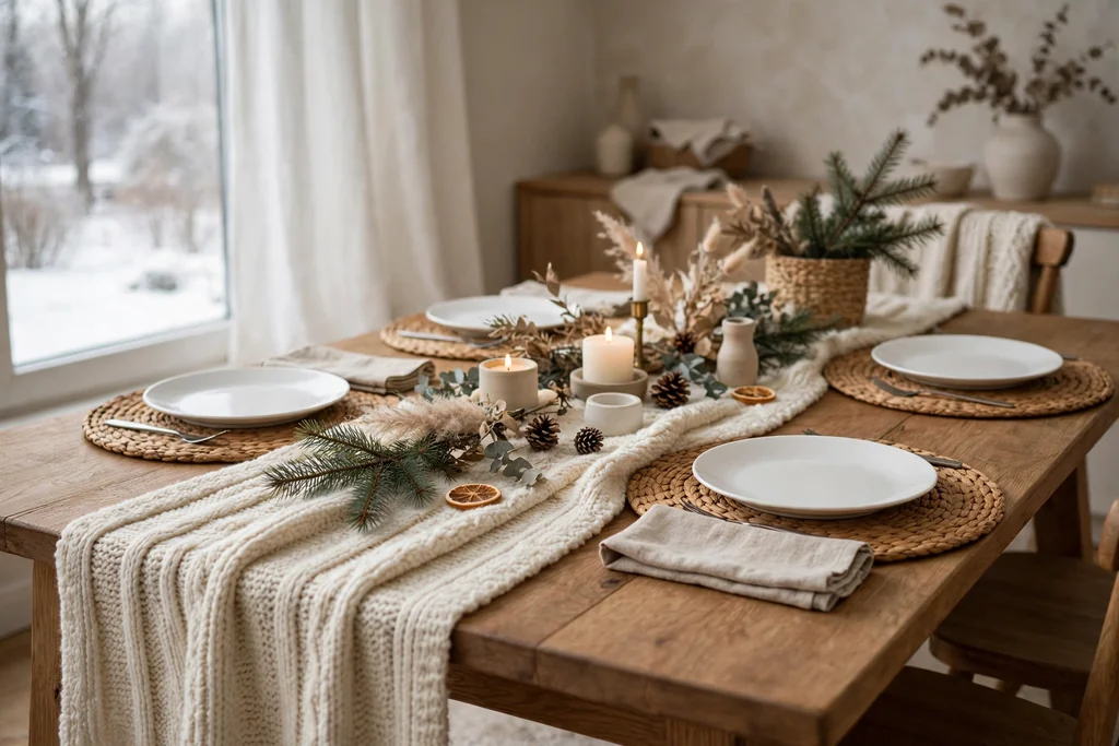 Knit runner in cream with woven placemats and plain plates on a winter table.
