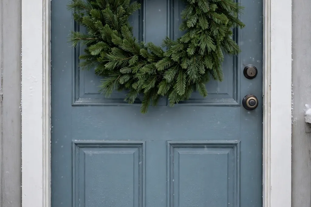 Full pine wreath on a painted front door in winter